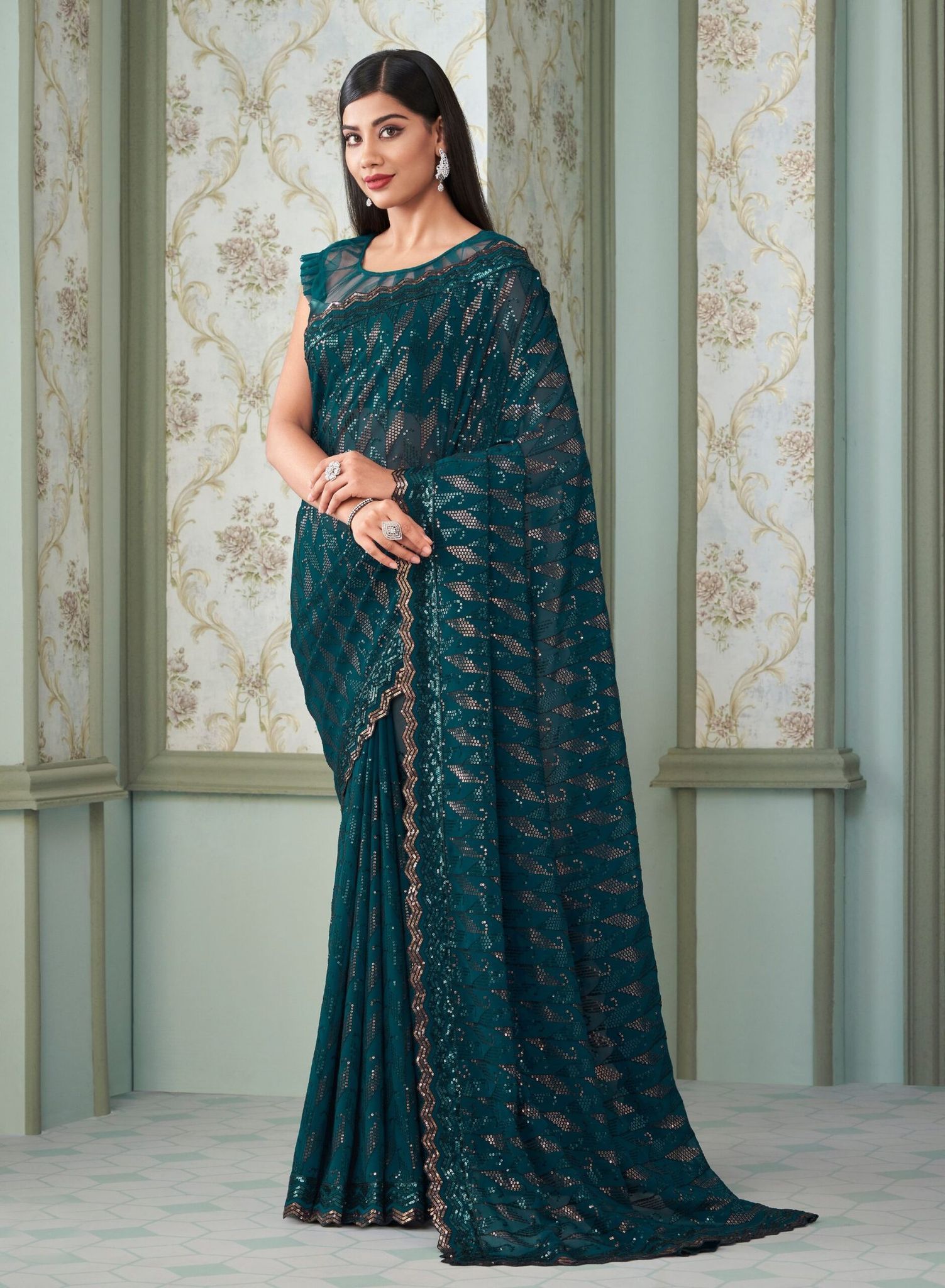 Embroidered Georgette Saree in Teal Blue