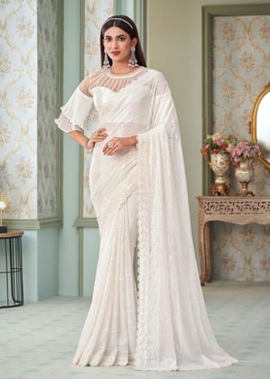 Embroidered Georgette Saree in Off White