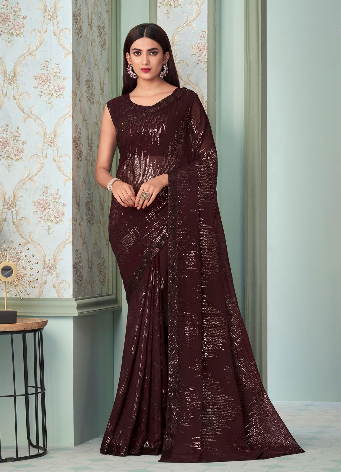 Embroidered Georgette Saree in Wine