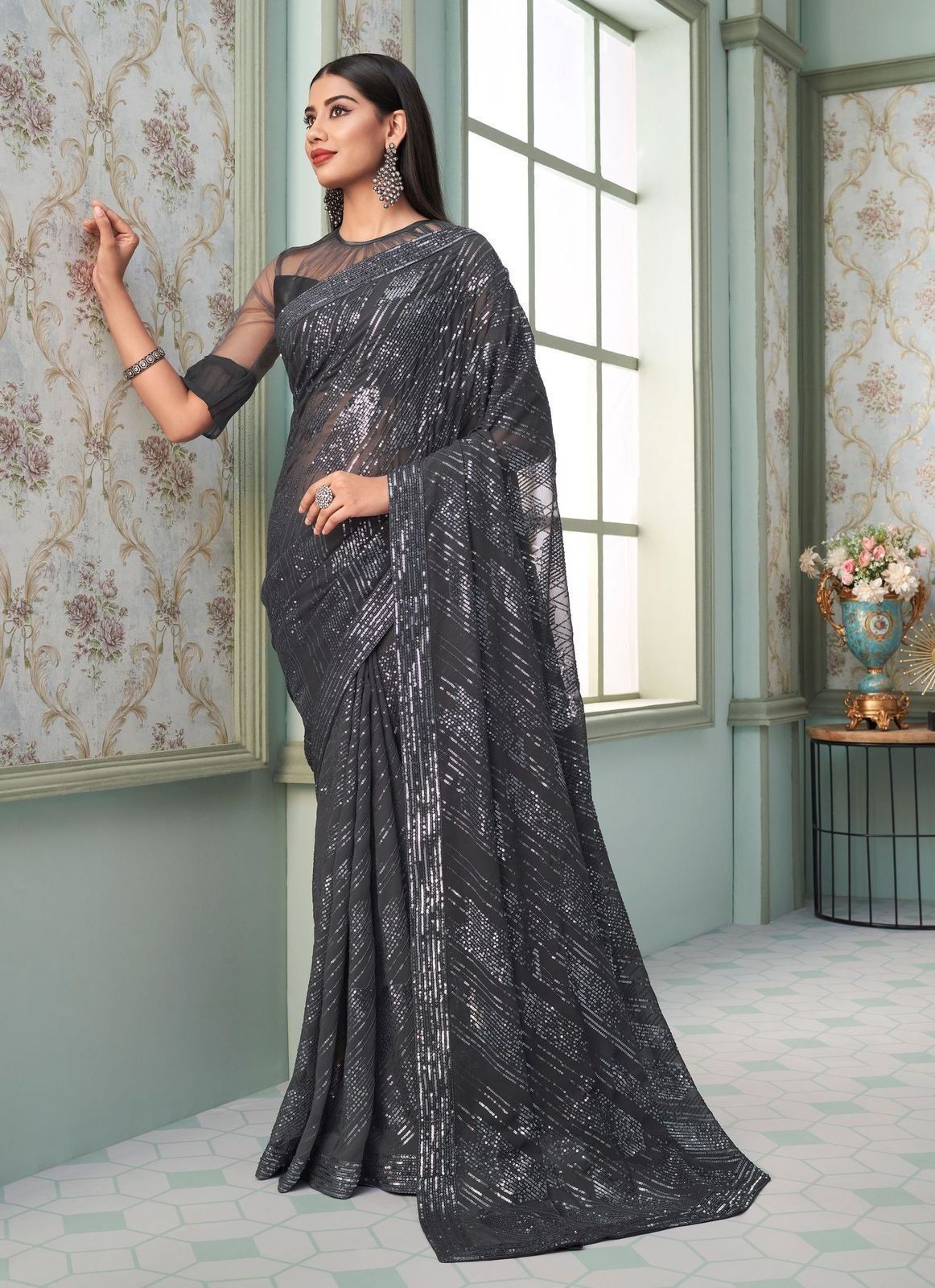 Embroidered Georgette Saree in Grey
