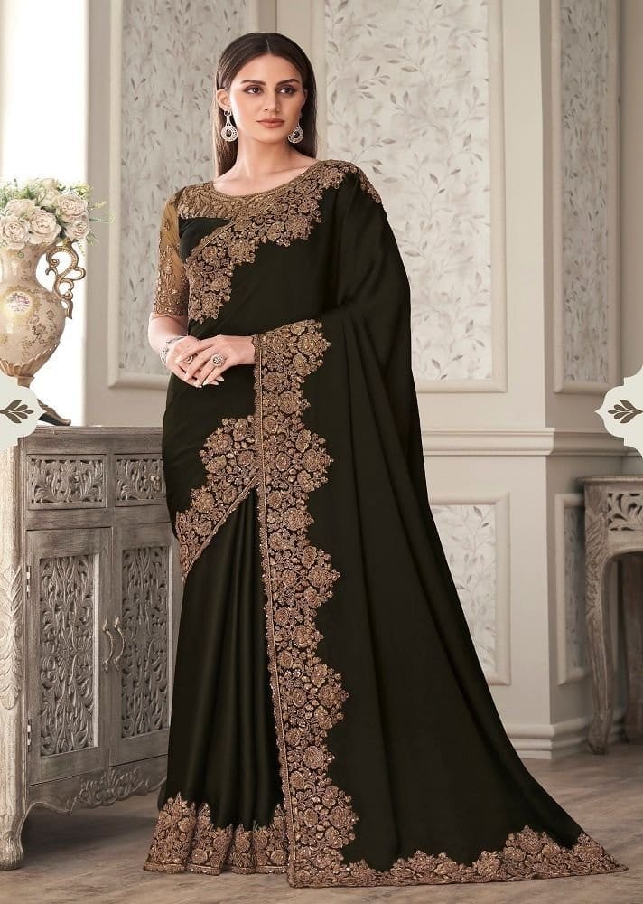 Embroidered Satin Georgette Saree in Dark Green