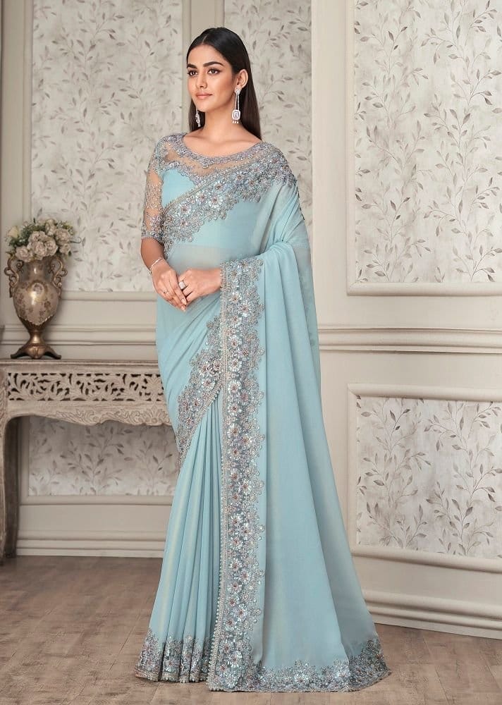 Embroidered Georgette Shimmer Saree in Sky Blue
