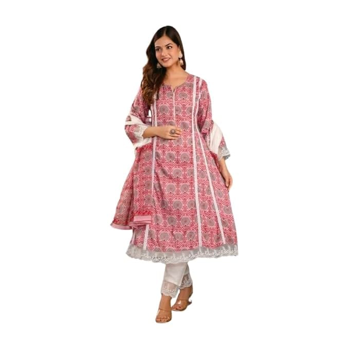 IndiVibes A-Line Suit Pure Cotton Printed A-Line Kurta with Pant and Duptta Set for Women & Girls (Pink) - Kurtas & Kurta Sets | Buy online on ZillyBuy