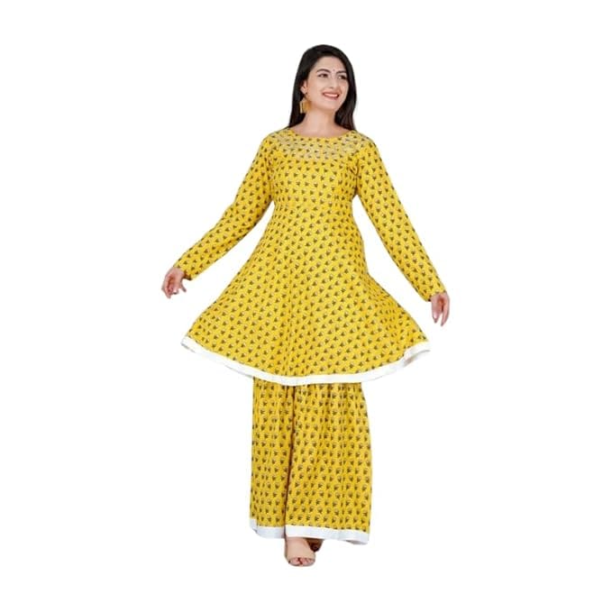 IndiVibes Cotton Rayon Kurta with Sharara Calf Length Kurta with Full Sleeves, Festive & Party Occasions - Kurtas & Kurta Sets | Buy online on ZillyBuy