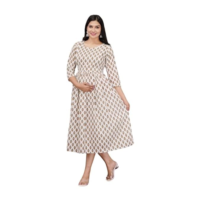 IndiVibes Women's Cotton Floral Printed Anarkali Maternity Feeding Kurti with Zipper/Maternity Gown (Cream&Brown)
