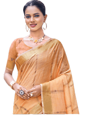 Light Orange Woven Cotton Blend Saree With Tassels