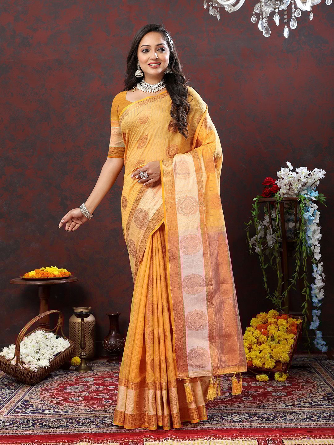 Orange Cotton with Woven Design Zari Weaving Saree