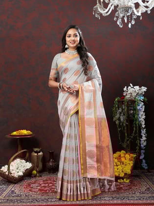 Grey Cotton with Woven Design Zari Weaving Saree