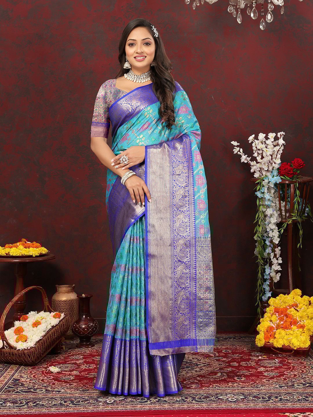 Skyblue Cotton Woven Design Zari Meenakari Weaving Saree