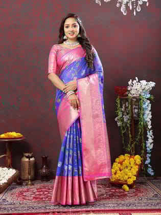 Blue Cotton Woven Design Zari Meenakari Weaving Saree