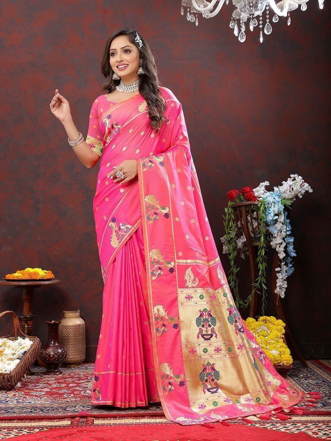 Pink Soft Paithani Silk Woven Design Gold Zari Meenakari Weaving Saree