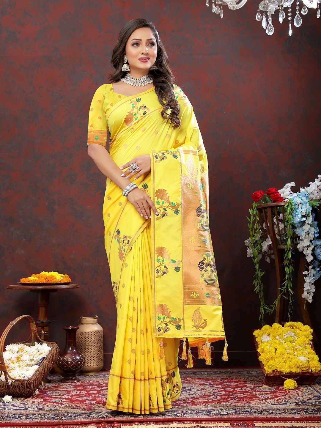 Yellow Soft Paithani Silk Woven Design Copper Zari Meenakari Weaving Saree