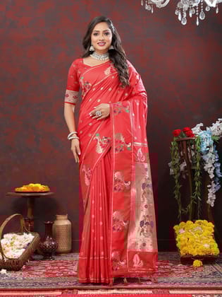 Red Soft Paithani Silk Woven Design Copper Zari Meenakari Weaving Saree