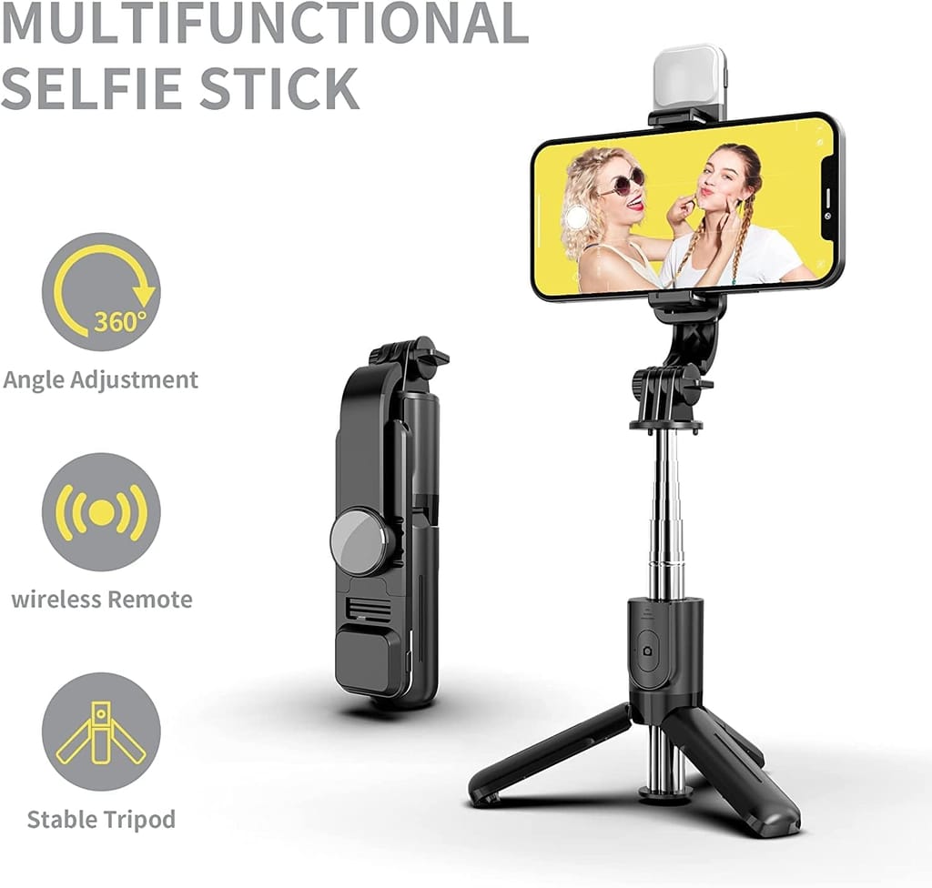 Selfie Stick with Tripod Stand, 3 in 1 Multifunctional design, Rechargable LED Light with Two Brighness Levels for Make up, Selfie, Vlogging & Photo Shoot, Selfie stick with Bluetooth Remote
