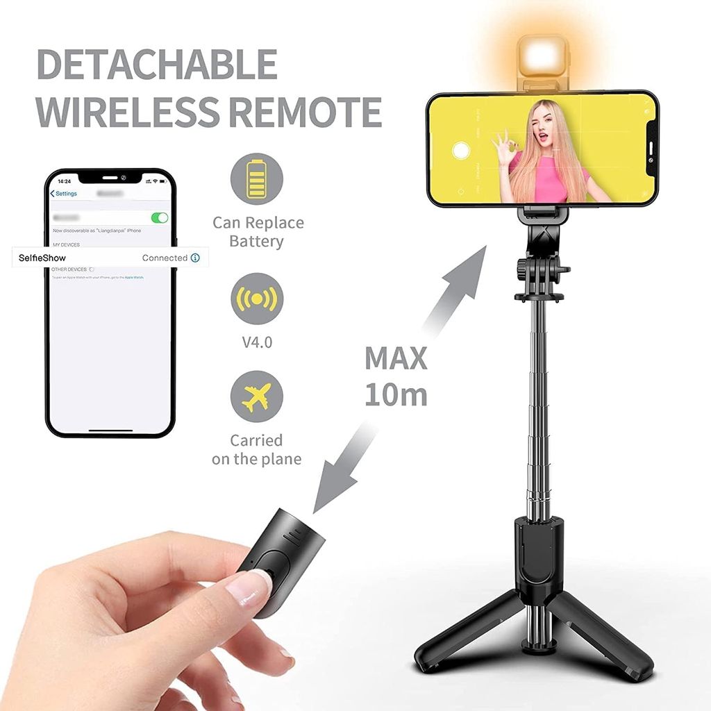 Selfie Stick with Tripod Stand, 3 in 1 Multifunctional design, Rechargable LED Light with Two Brighness Levels for Make up, Selfie, Vlogging & Photo Shoot, Selfie stick with Bluetooth Remote
