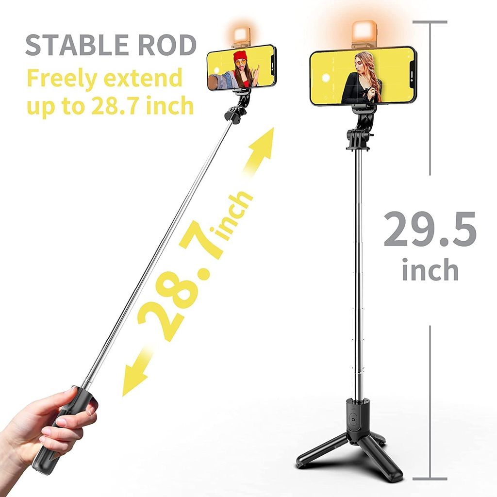 Selfie Stick with Tripod Stand, 3 in 1 Multifunctional design, Rechargable LED Light with Two Brighness Levels for Make up, Selfie, Vlogging & Photo Shoot, Selfie stick with Bluetooth Remote