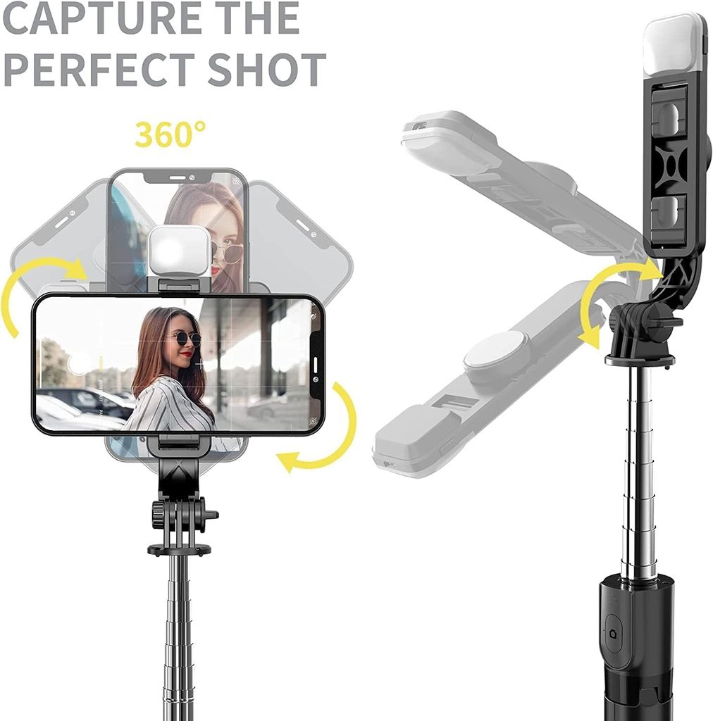 Selfie Stick with Tripod Stand, 3 in 1 Multifunctional design, Rechargable LED Light with Two Brighness Levels for Make up, Selfie, Vlogging & Photo Shoot, Selfie stick with Bluetooth Remote