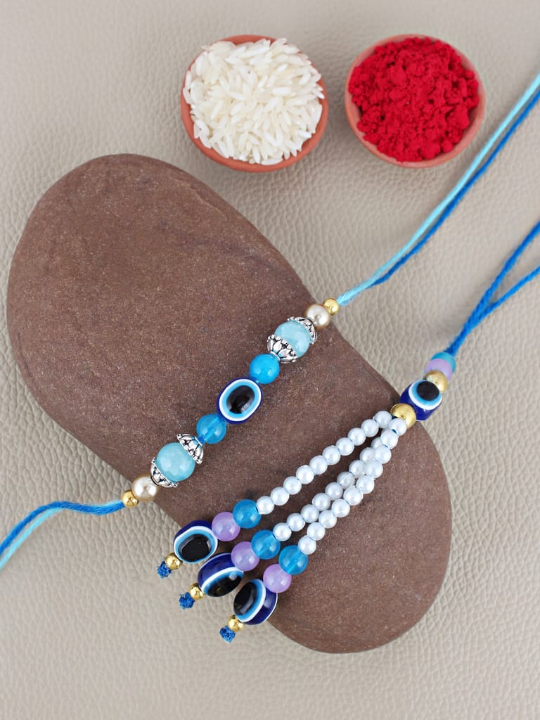 Lucky Jewellery Designer Blue Color Evil Eye Rakhi - Rakshabandhan Rakhee with Pearl Lumba Bracelet for Brother/Bhaiya/Bhai/Bhabhi - Pack of 2 (75-J5R1-1993-EE-2)