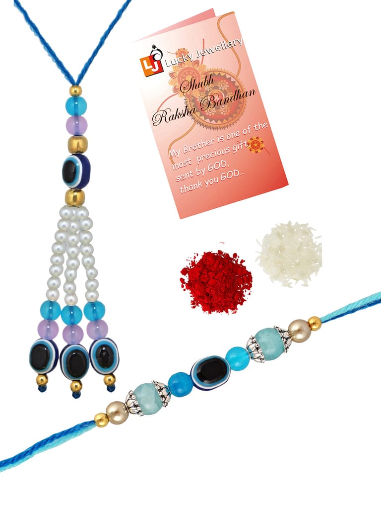 Lucky Jewellery Designer Blue Color Evil Eye Rakhi - Rakshabandhan Rakhee with Pearl Lumba Bracelet for Brother/Bhaiya/Bhai/Bhabhi - Pack of 2 (75-J5R1-1993-EE-2)