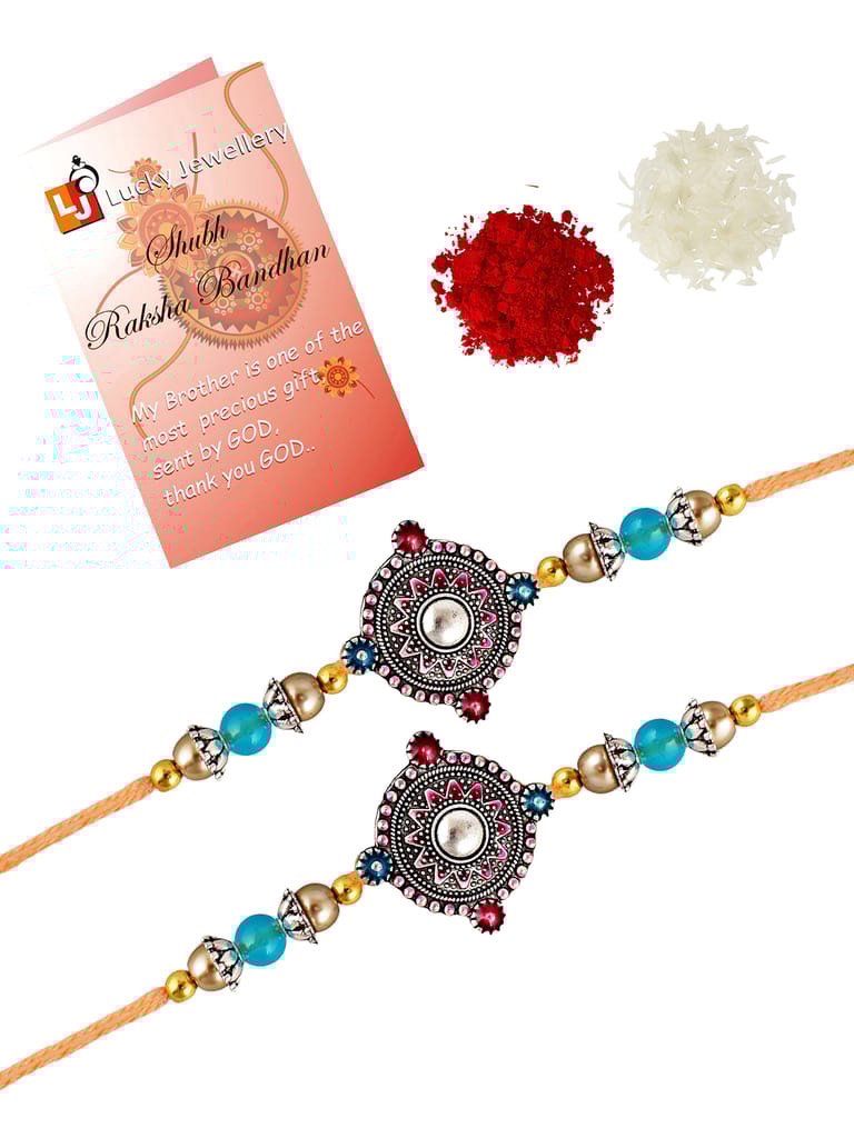 Lucky Jewellery Designer Oxidised Silver Meena Rakhi - Rakshabandhan Rakhee Bracelet for Brother/Bhaiya/Bhai/Bhabhi Pack of 2 (96-CHR1-1962-2)