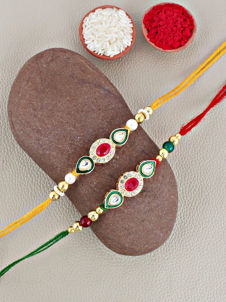 Lucky Jewellery Designer Gold Plated Meena Kunda Rakhi - Rakshabandhan Stone Rakhee Bracelet for Brother/Bhaiya/Bhai/Bhabhi - Pack of 2 (98-J5R1-1977-2)
