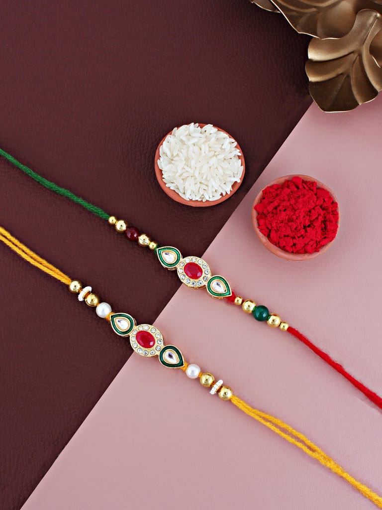 Lucky Jewellery Designer Gold Plated Meena Kunda Rakhi - Rakshabandhan Stone Rakhee Bracelet for Brother/Bhaiya/Bhai/Bhabhi - Pack of 2 (98-J5R1-1977-2)