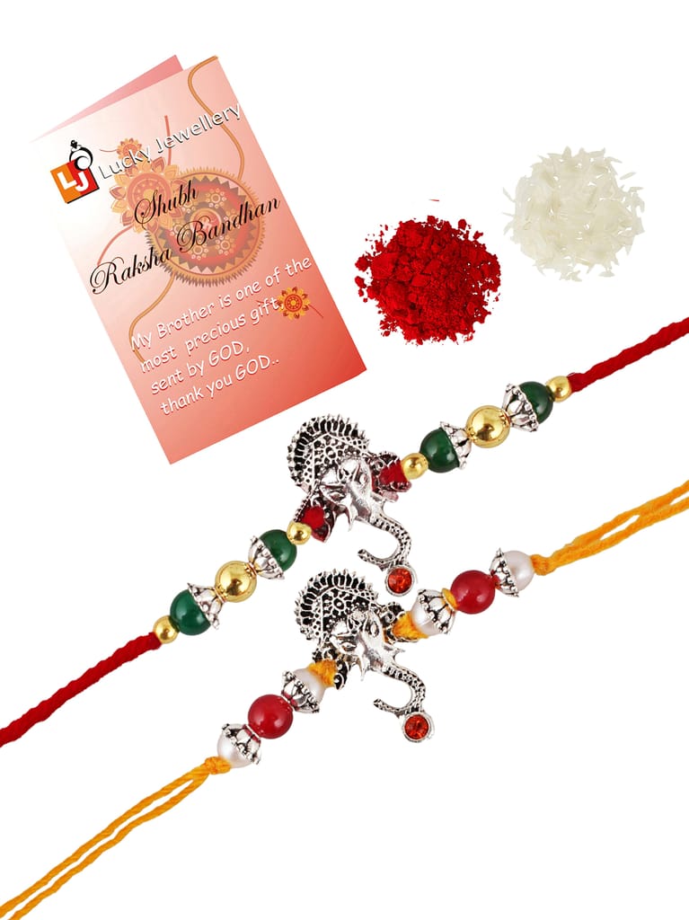 Lucky Jewellery Designer Oxidised Silver Religious Rakhi - Rakshabandhan Ganpati/Ganesha Rakhee Bracelet for Brother/Bhaiya/Bhai/Bhabhi - Pack of 2 (100-JPR1-1973-S-2)