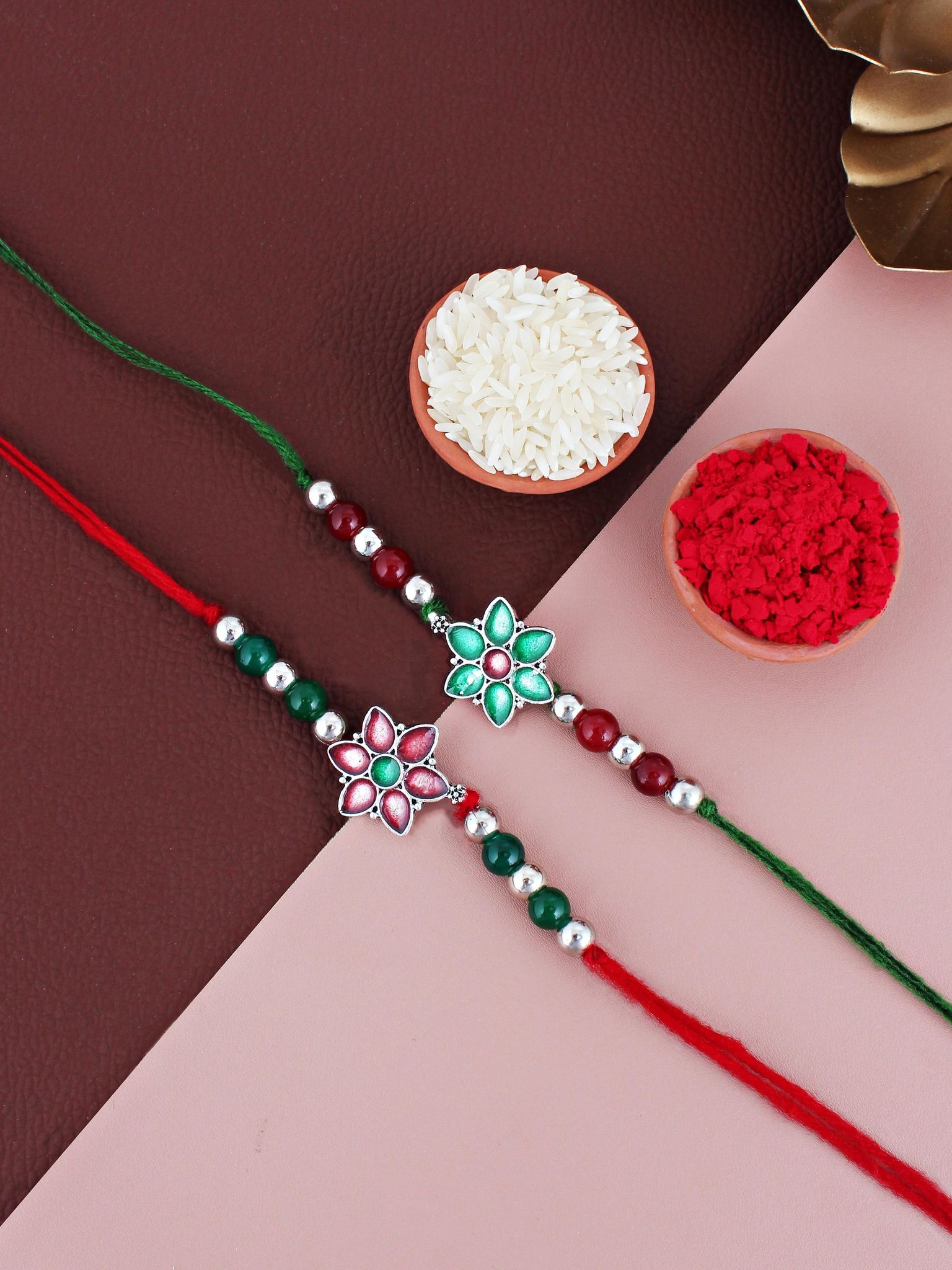 Lucky Jewellery Designer Meena Floral Rakhi - Rakshabandhan Pearl Rakhee Bracelet for Brother/Bhaiya/Bhai/Bhabhi - Pack of 2 (102-JPR1-1970-S-2)