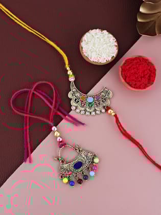 Lucky Jewellery Designer Oxidised Gold Meena Rakhi - Rakshabandhan Rakhee with Lumba Bracelet for Brother/Bhaiya/Bhai/Bhabhi - Multi Color Thread Pack of 2 (105-WECR1-3057-2)