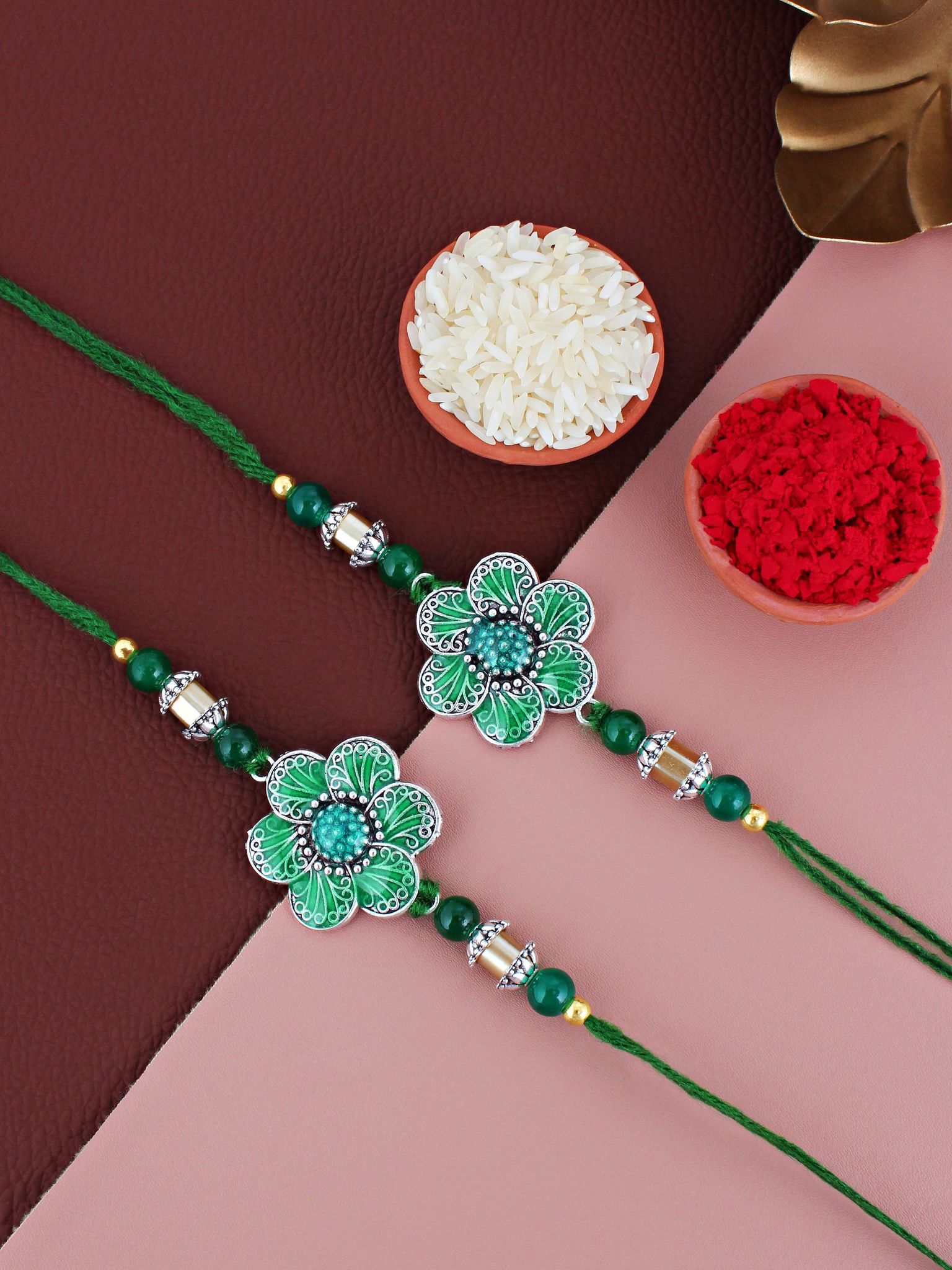 Lucky Jewellery Designer Oxidised Silver Rakhi - Rakshabandhan Green Color Meena Rakhee Bracelet for Brother/Bhaiya/Bhai/Bhabhi - Pack of 2 (106-CHR1-1967-G-S-2)