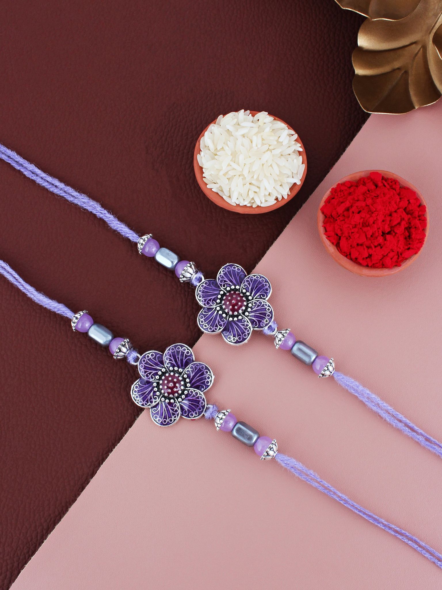 Lucky Jewellery Designer Oxidised Silver Rakhi - Rakshabandhan Purple Color Meena Rakhee Bracelet for Brother/Bhaiya/Bhai/Bhabhi - Pack of 2 (106-CHR1-1967-P-S-2)