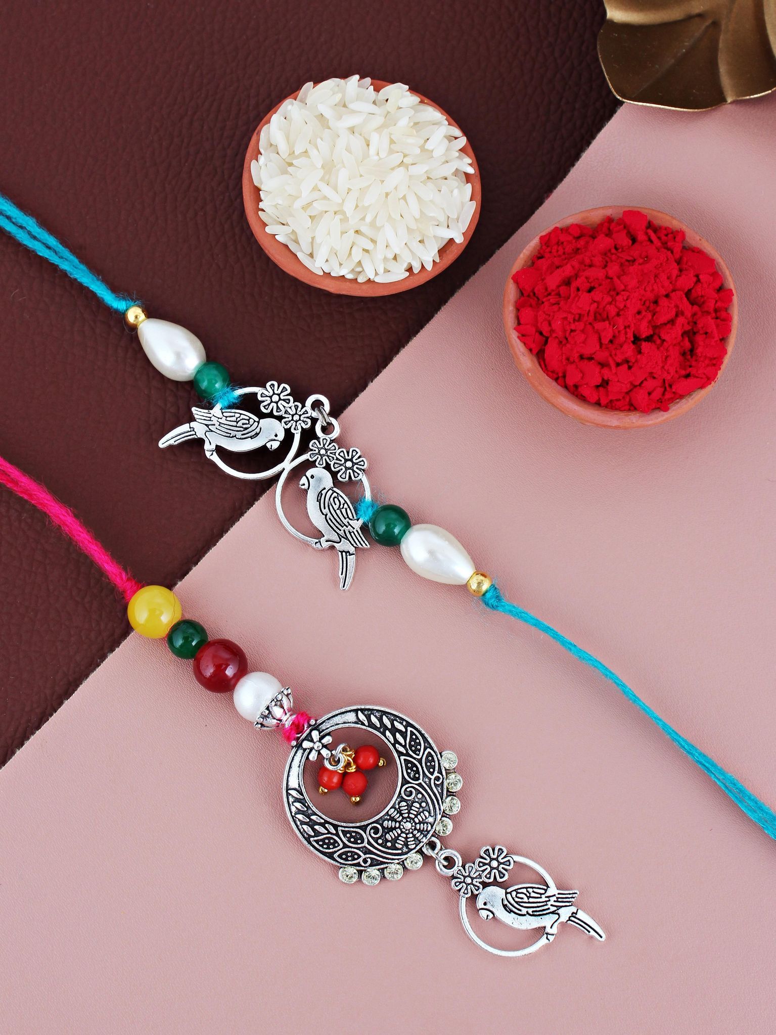 Lucky Jewellery Designer Oxidised Silver Birds Design Rakhi - Rakshabandhan Rakhee with Lumba Bracelet for Brother/Bhaiya/Bhai/Bhabhi - Pack of 2 (108-JPCR1-1952-S-2)