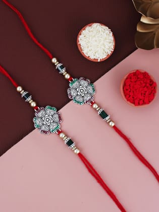 Lucky Jewellery Designer Oxidised Silver Meena Floral Rakhi - Rakshabandhan Rakhee Bracelet for Brother/Bhaiya/Bhai/Bhabhi - Pack of 2 (108-CHR1-1966-MG-S-2)