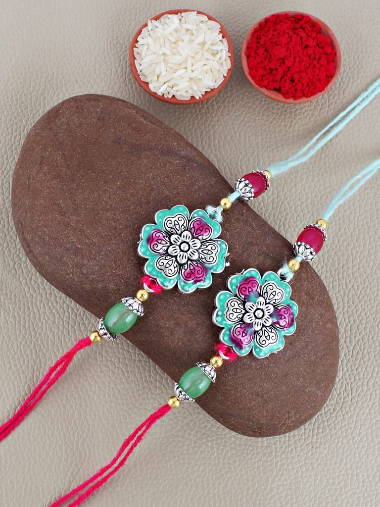 Lucky Jewellery Designer Oxidised Silver Meena Floral Rakhi - Rakshabandhan Rakhee Bracelet for Brother/Bhaiya/Bhai/Bhabhi - Pack of 2 (108-CHR1-1966-MNTR-S-2)