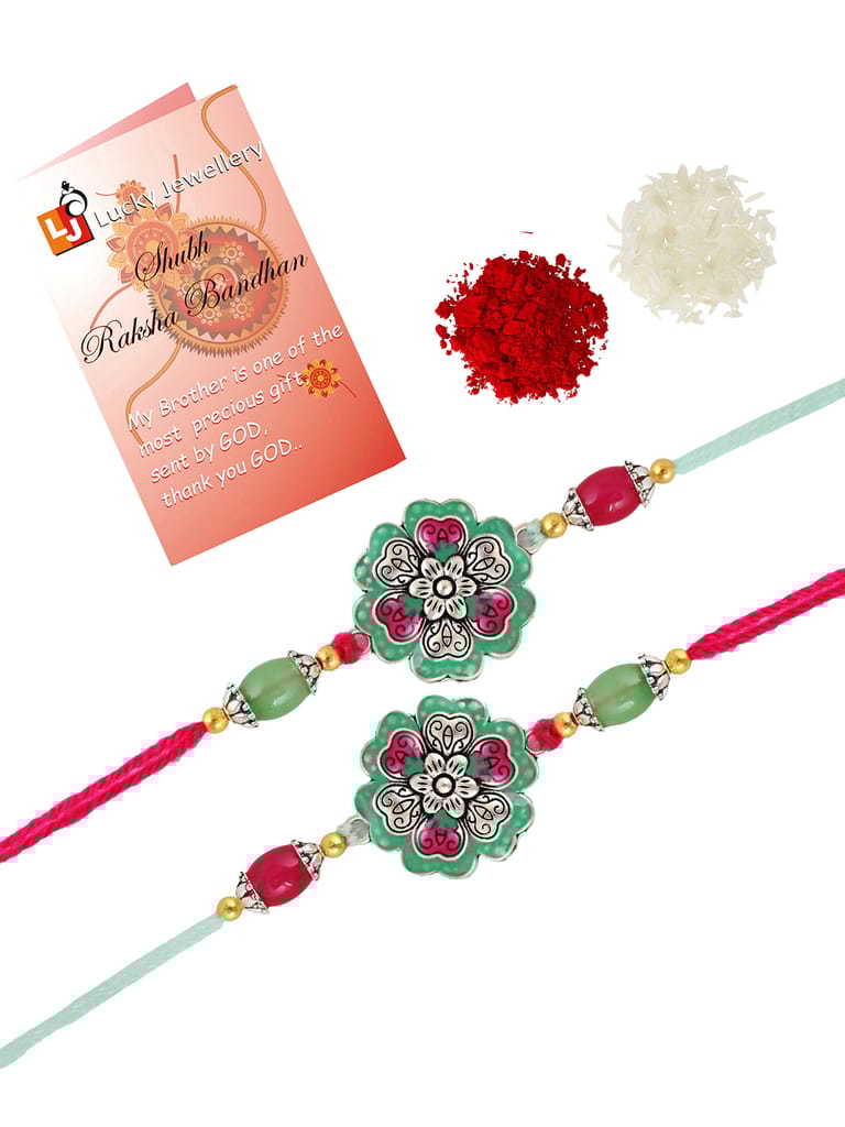 Lucky Jewellery Designer Oxidised Silver Meena Floral Rakhi - Rakshabandhan Rakhee Bracelet for Brother/Bhaiya/Bhai/Bhabhi - Pack of 2 (108-CHR1-1966-MNTR-S-2)