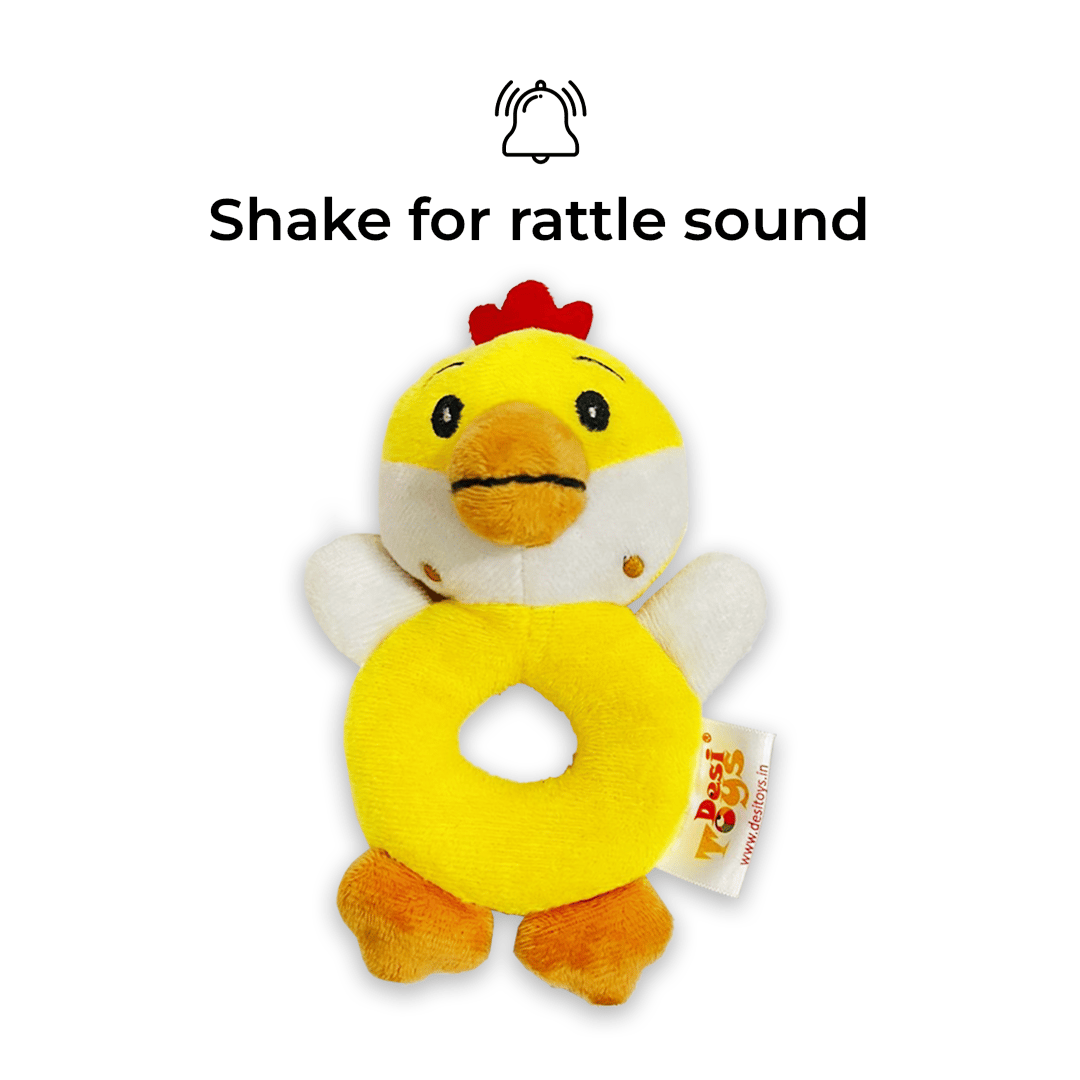 Desi Toys Cute Chick face Rattle Soft Toy (Plush) for Baby with Round Handle. Safe Colourful & Sensory Infant Soft Toy