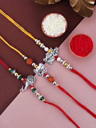 Lucky Jewellery Designer Oxidised Silver Religious Rakhi - Rakshabandhan Shiva/Ganesha & Radha Krishna Rakhee Bracelet for Brother/Bhaiya/Bhai/Bhabhi - Pack of 3 (115-JPR1-1984-S-3)