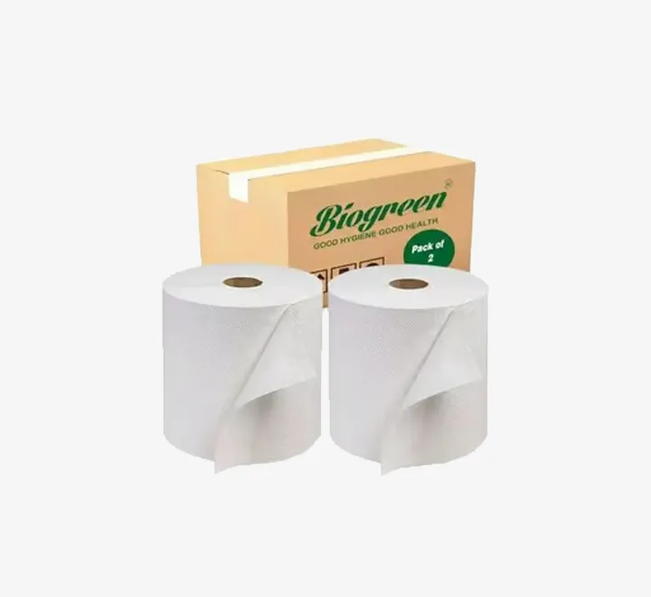 Biogreen HRT Paper Towel Roll 150 Meters Pack of 2 Rolls |High Absorbent |Universal size Compatible with all Dispenser - Unbleached