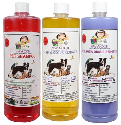 Swacch Pet Shampoo (Jasmine) + Deodorizer (Lavender) + Stain Remover (Lemon) (1 Litre) (Combo Pack of 3)