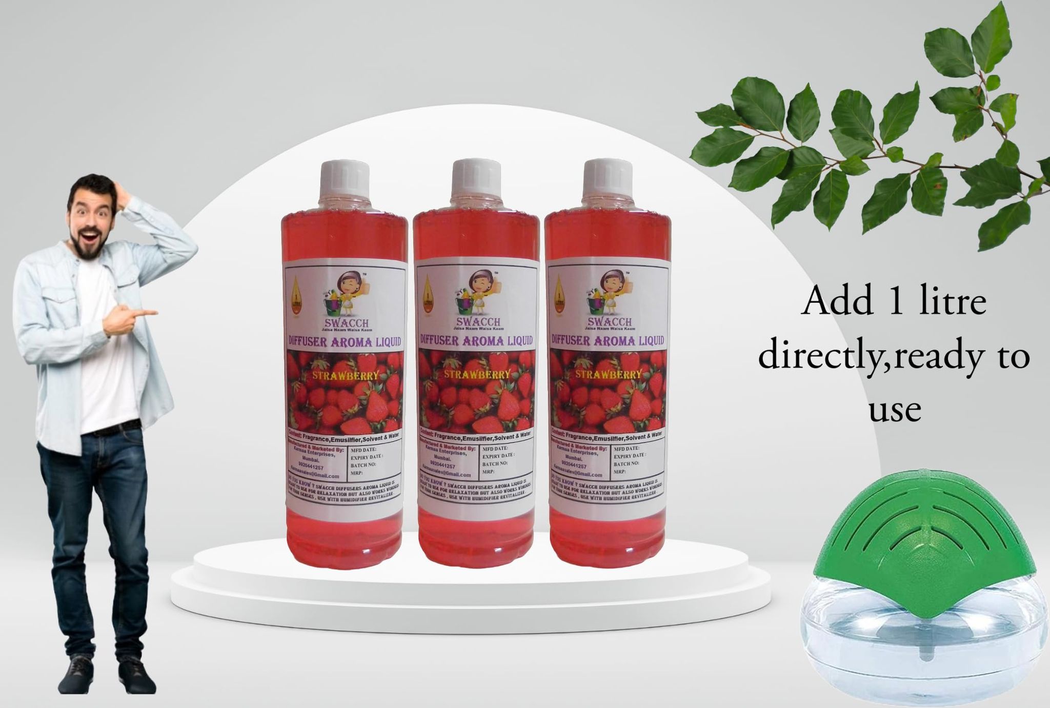 Swacch Diffuser Aroma Liquid (1 Litre) (Pack of 3) Strawberry