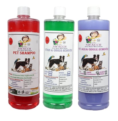 Swacch Shampoo (Strawberry) + Deodorizer (Mogra) + Stain Remover (Lavender) 1 Litre Each Swacch Shampoo (Strawberry) + Deodorizer (Mogra) + Stain Remover (Lavender) 1 Litre Each