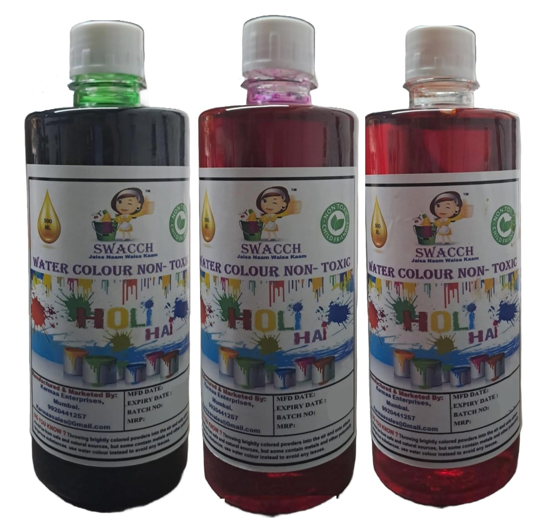 SWACCH WATER COLOUR NON-TOXIC & ECO FRIENDLY COLOUR (GREEN, PINK & RED) (500ML) (PACK OF 3)