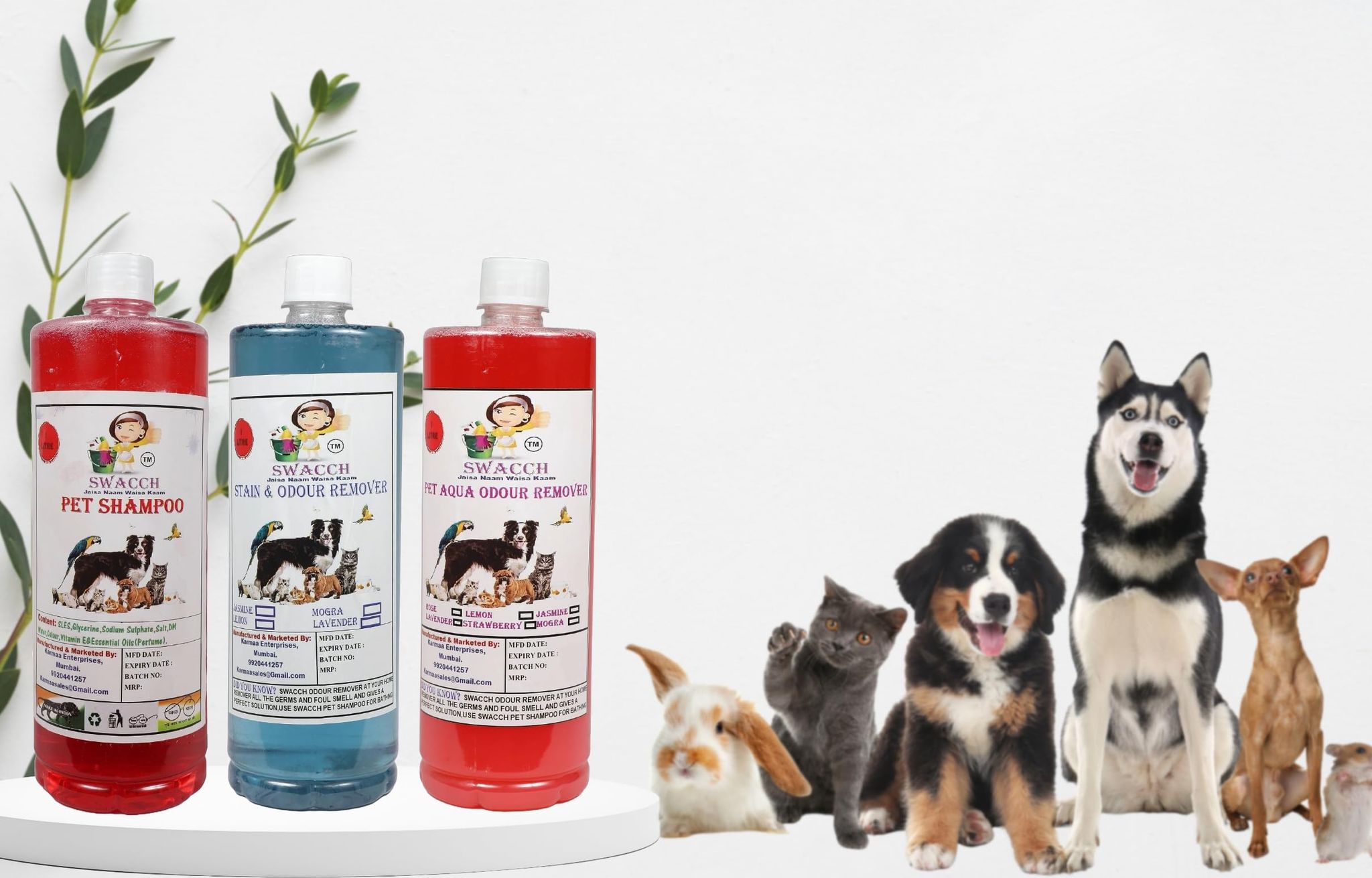 Swacch Pet Shampoo (Jasmine) + Deodorizer (Strawberry) + Stain Remover (Lavender) (1 Litre) (Combo Pack of 3)