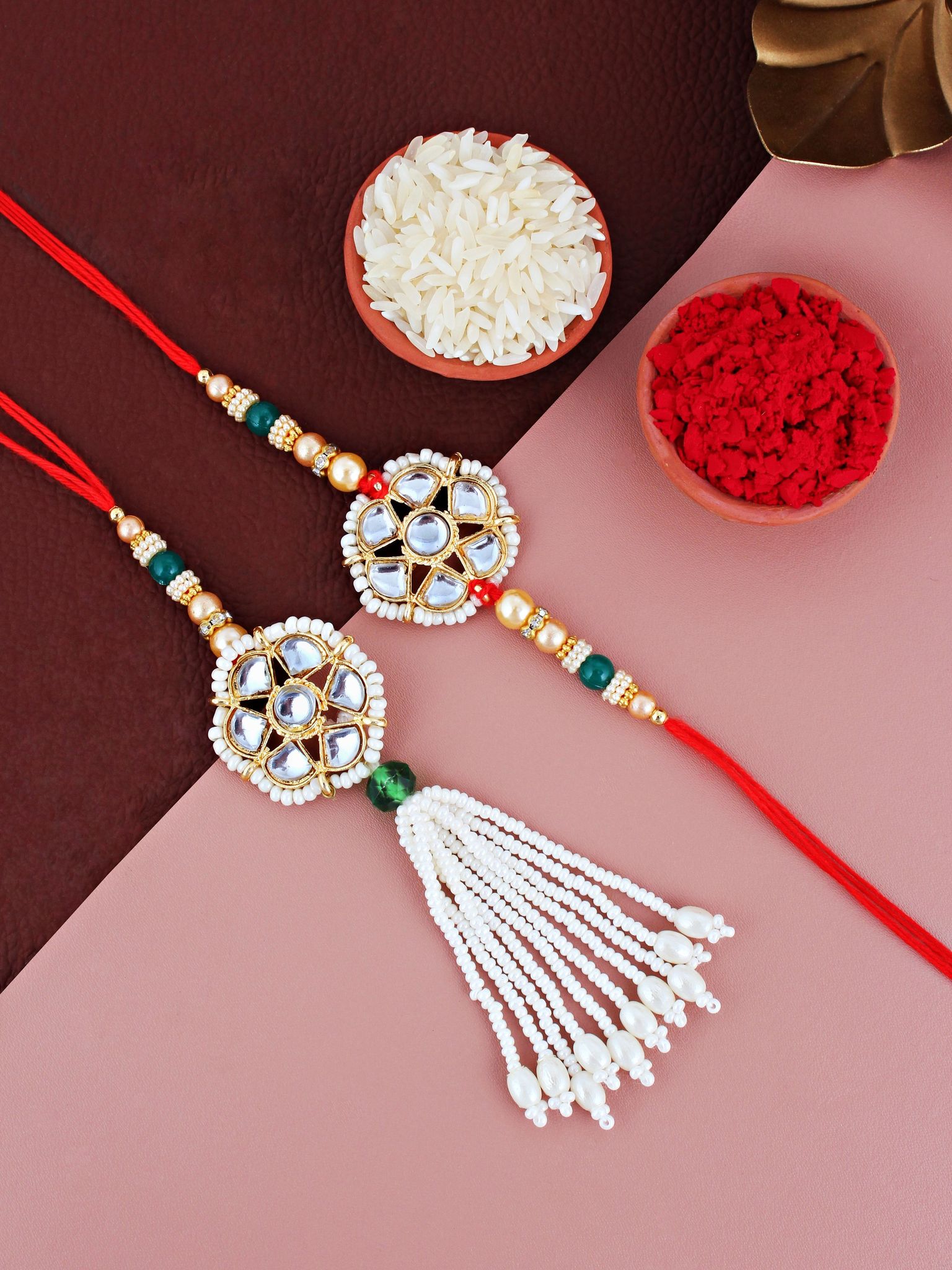 Lucky Jewellery Designer Kundan Floral Rakhi - Rakshabandhan Pearl Rakhee with Lumba Bracelet for Brother/Bhaiya/Bhai/Bhabhi - Pack of 2 (118-JPCR1-1850-2)