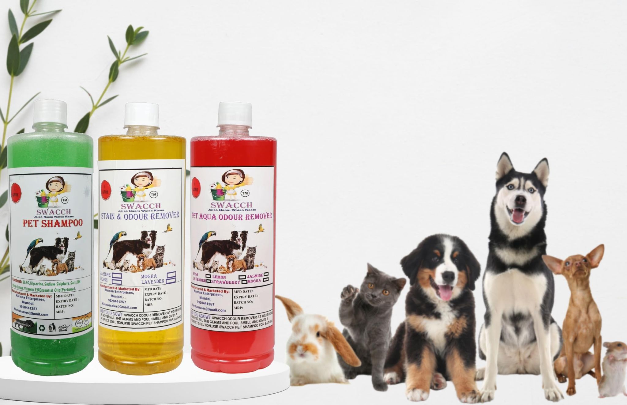 Swacch Pet Shampoo (Neem Alovera) + Deodorizer (Rose) + Stain Remover (Lemon) (1 Litre) (Combo Pack of 3)