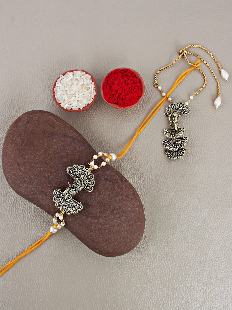 Lucky Jewellery Designer Oxidised Gold Rakhi - Rakshabandhan Dancing Girl Rakhee with Lumba Bracelet for Brother/Bhaiya/Bhai/Bhabhi - Pack of 2 (120-JPR1-1974-2)