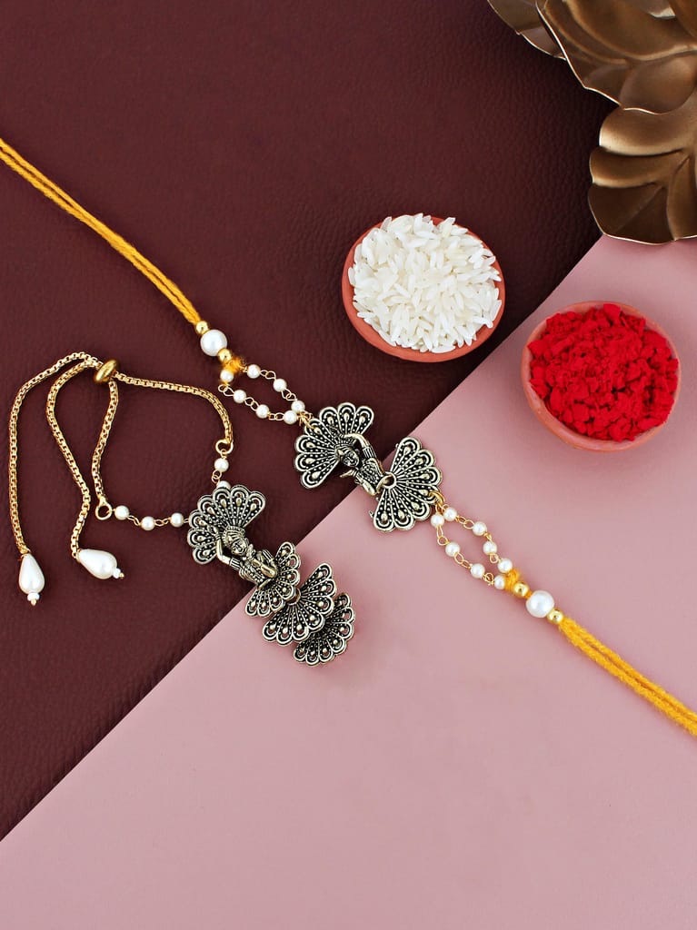 Lucky Jewellery Designer Oxidised Gold Rakhi - Rakshabandhan Dancing Girl Rakhee with Lumba Bracelet for Brother/Bhaiya/Bhai/Bhabhi - Pack of 2 (120-JPR1-1974-2)
