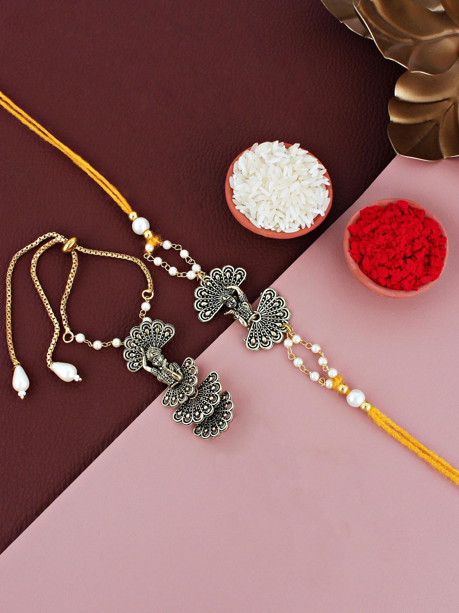 Lucky Jewellery Designer Oxidised Gold Rakhi - Rakshabandhan Dancing Girl Rakhee with Lumba Bracelet for Brother/Bhaiya/Bhai/Bhabhi - Pack of 2 (120-JPR1-1974-2)