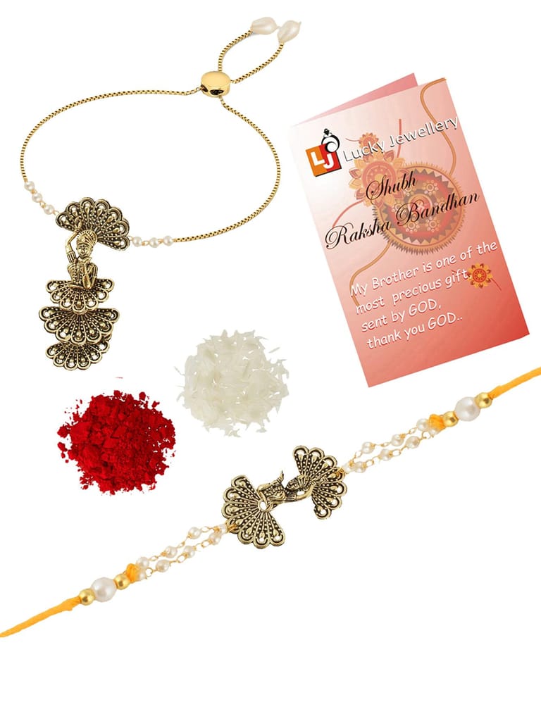 Lucky Jewellery Designer Oxidised Gold Rakhi - Rakshabandhan Dancing Girl Rakhee with Lumba Bracelet for Brother/Bhaiya/Bhai/Bhabhi - Pack of 2 (120-JPR1-1974-2)