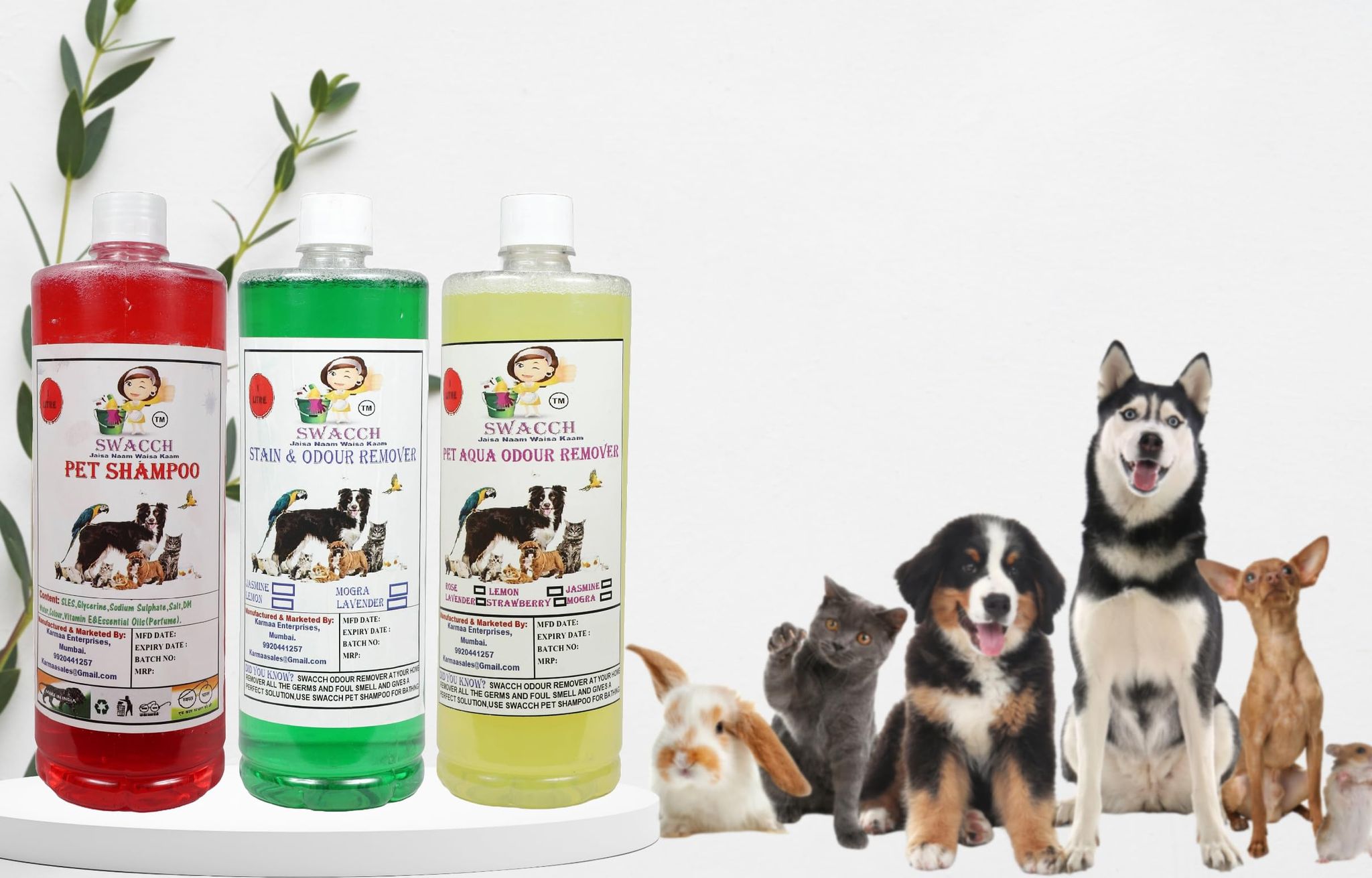 Swacch Pet Shampoo (Jasmine) + Deodorizer (Lemon) + Stain Remover (Mogra) (1 Litre) (Combo Pack of 3)